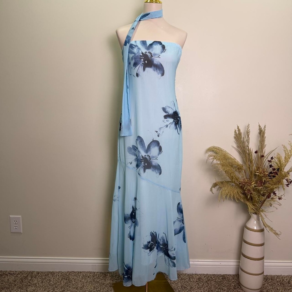 Light Blue Floral Strapless Maxi Dress with Matching Scarf Size M